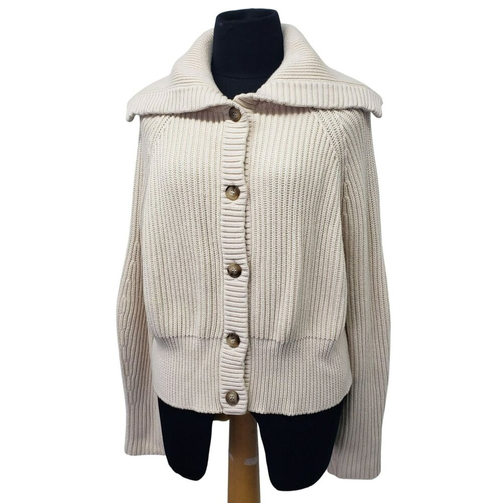 G. Label by Goop GWYN Cream Bella Button Bomber Cardigan Sweater Minimalist - Picture 3 of 16